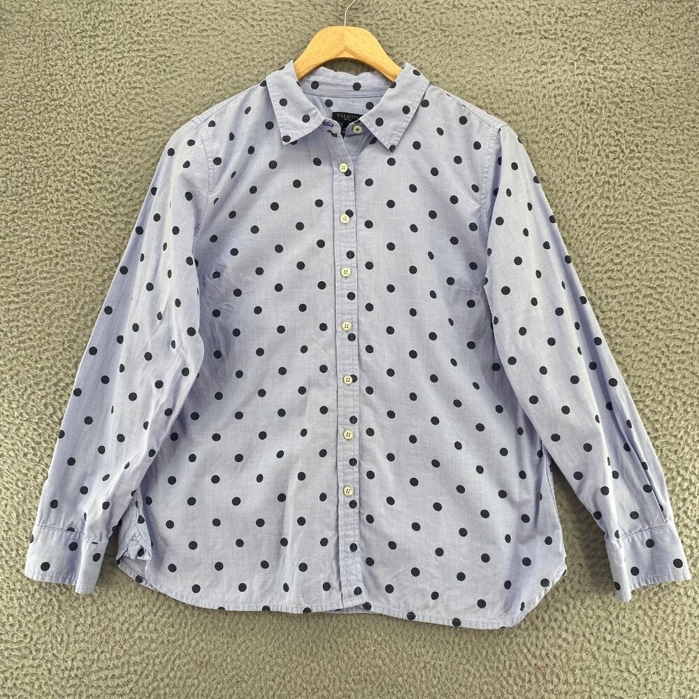 Talbots Shirt Womens Medium Petite Blue Polka Dot Button Up Long Sleeve Cotton